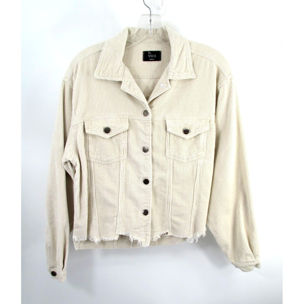 VICI Ivory Corduroy Trucker Jacket Women Small Raw Hem Button Front JFT399